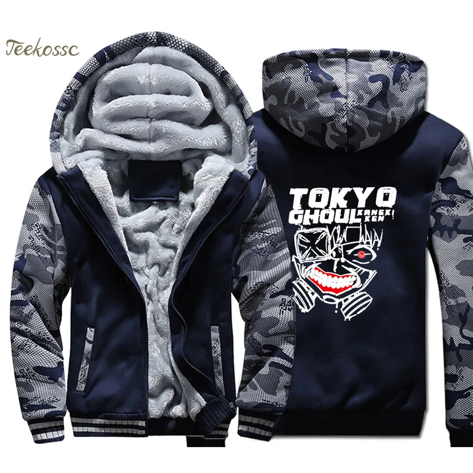

Japan Anime Tokyo Ghoul Hoodie Men Kaneki Ken Hooded Sweatshirt Coat Winter Thick Fleece Warm Camouflage Harajuku Hip Hop Jacket