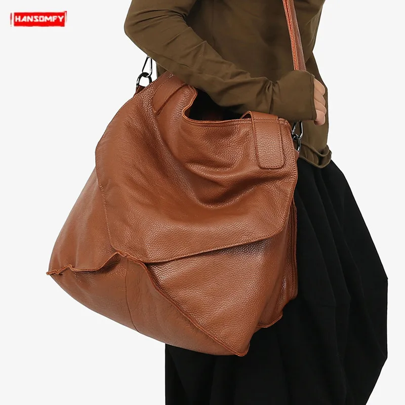 

2019 New genuine leather women's handbag first layer cowhide shoulder messenger bag female large capacity bucket crossbody bags