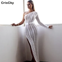 CRISCKY New Woman Solid Dress Female Long Sleeve One-Shoulder Knitted Hollow Out Slit Dress Ladies Sexy Beach Party Belt Dresses