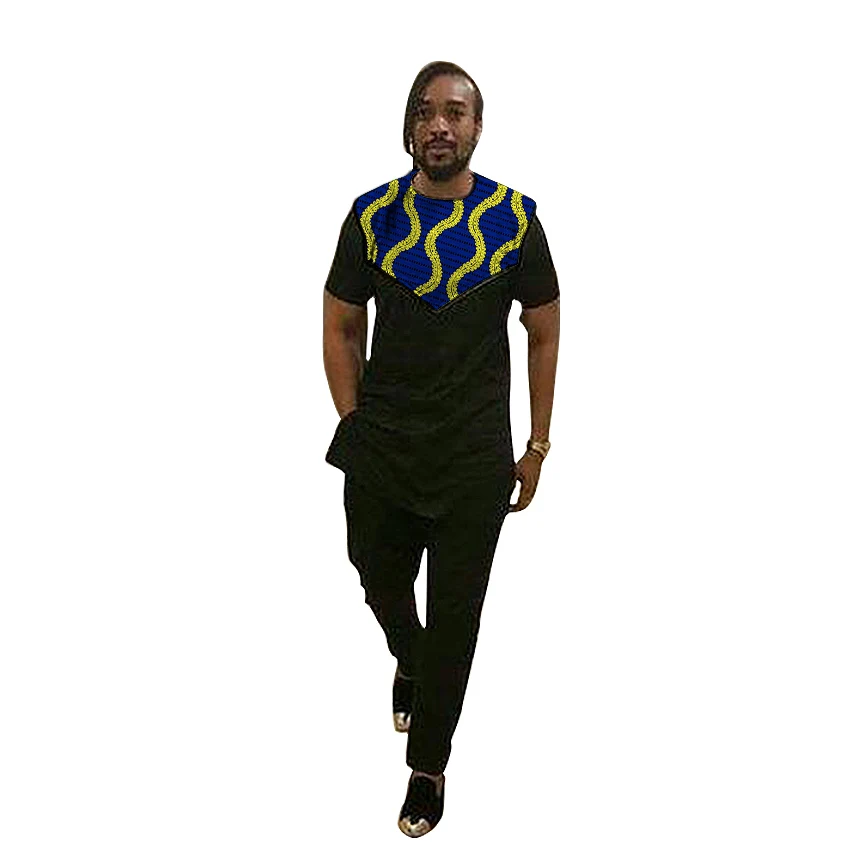 Африканский модный мужской комплект, Дашики, рубашка с брюками, 2 штуки, восковый принт с черными микс топами+ брюки, африканская одежда на заказ - Цвет: 5
