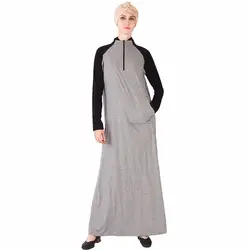 Babalet женская мусульманская повседневное молния декольте простой с длинными рукавами объединённый Макси Спортивное платье Толстовка