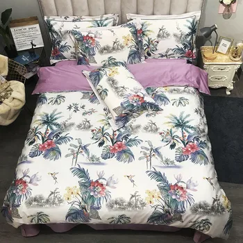 

60S Pure Cotton Brief Style Duvet Cover 4 Pcs Bed Sheet Pillowcase Bed Set Queen King AB Side Flower Cartoon Leaves Home Use