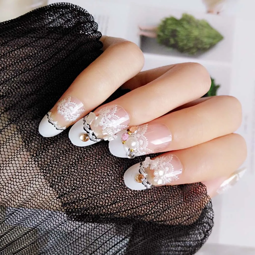 

24 Pcs/Set Wedding Bride Fake Nail 3D False Nails With Glue Transparent Lace Designed Full Wrapped Tips For Women Lady FM88