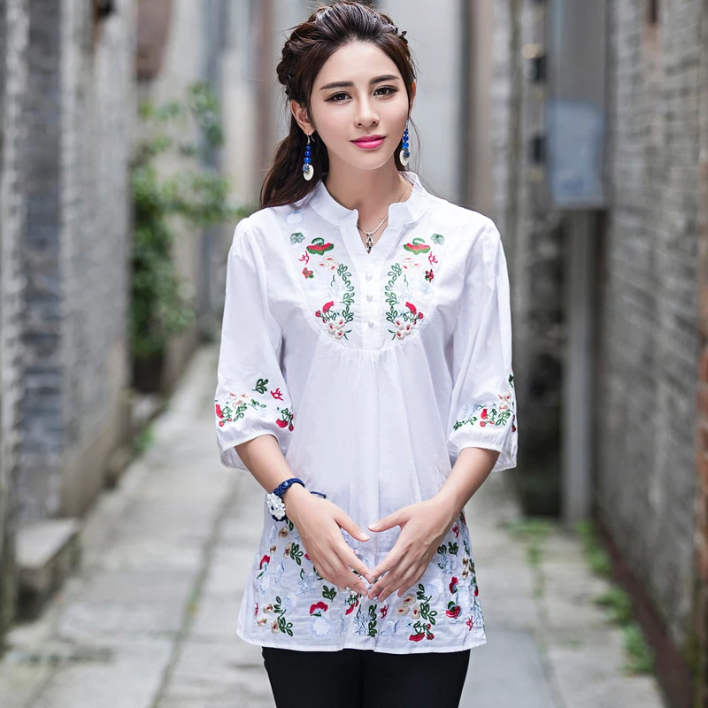 Women Mexican Embroidered V Neck Mexican Tops Blouses Bohemian Cotton