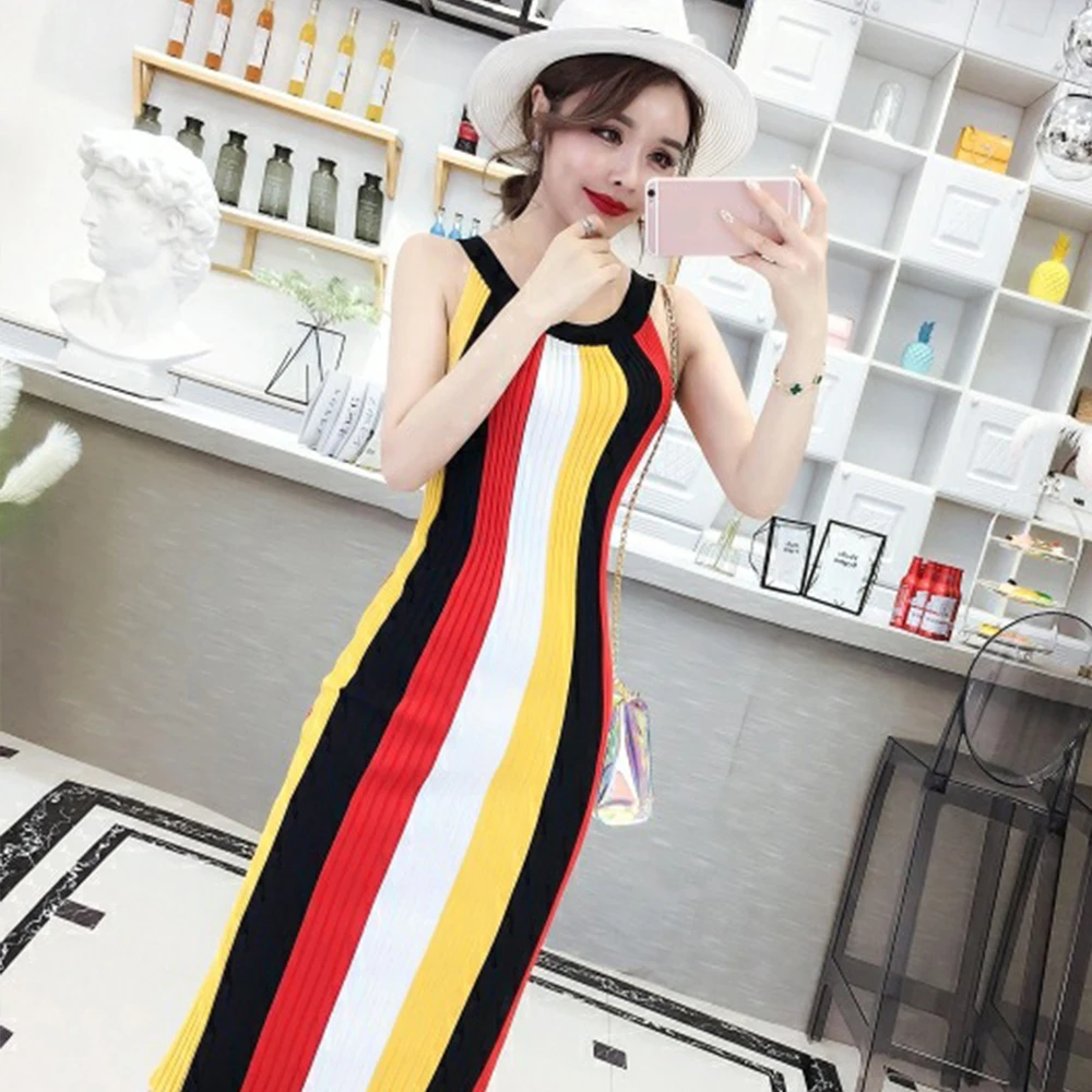

Striped Sleeveless Women's Summer Dress Sexy Strapless Knitted Dresses Ladies Fashion Bodycon Dress Vintage Cotton Sundress