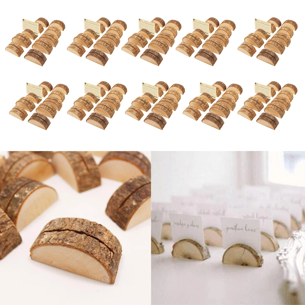 

90pcs Rustic Wood Card Holders Log Shape Wooden Name Card Memo Holder Stand for Wedding Reception Office Tabletop Decoration