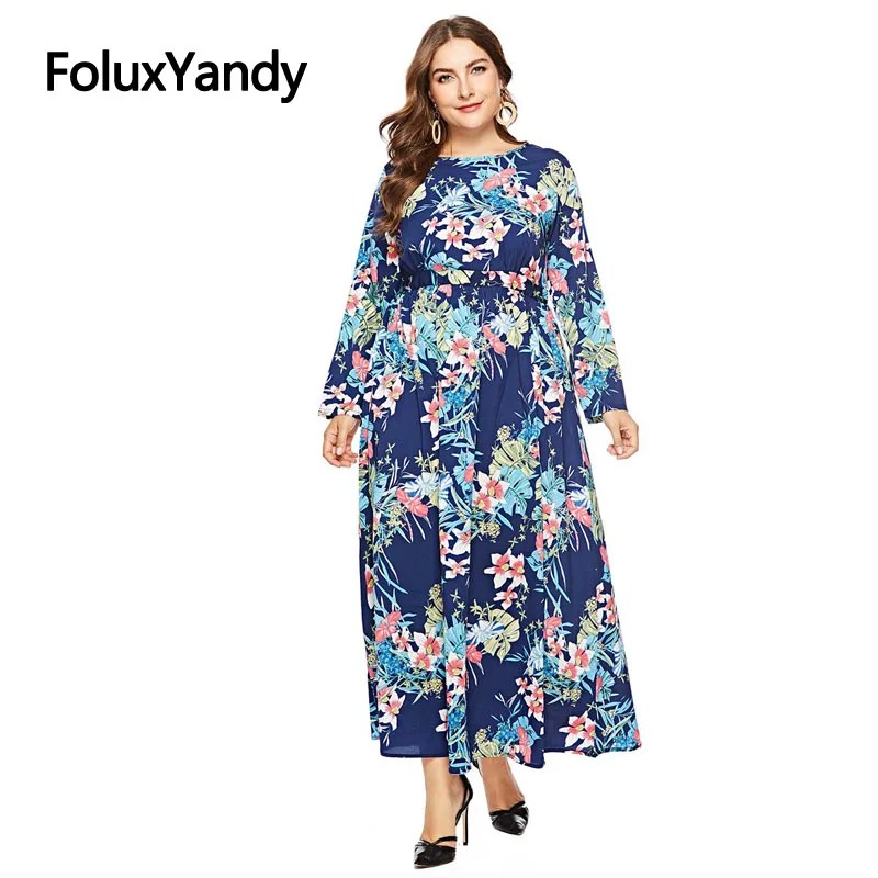 

Floral Chiffon Long Dress Spring Summer Vestidos Women Plus Size 3 4 5 6 XL Casual A-line Long Sleeve Dress SQQ1908