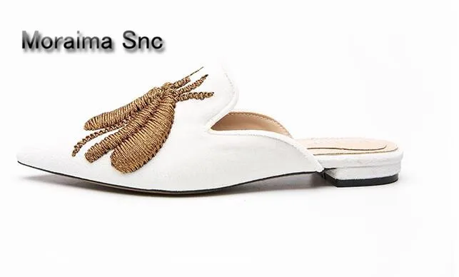 

Moraima Snc mules shoes sexy pointed toe flats shoes women animal prints embroider women slippers 2018 spring home chinelos