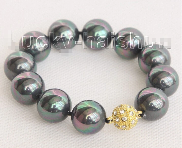 

8" 16mm round peacock black south sea shell pearls Bracelet magnet clasp j10443@^Noble style Natural Fine jewe SHIPPING 6.2 6.02