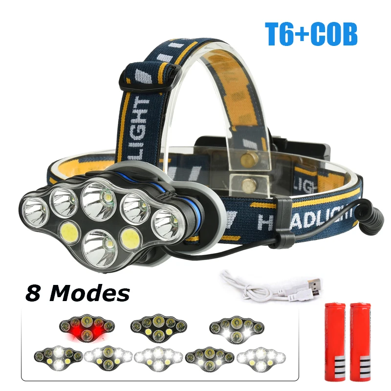 

20000lm COB+T6 LED Headlamp 8-Mode USB Camping Torch 5/6/7/8 LED 18650 Battery Waterproof Camping Portable Flashlight Headlights