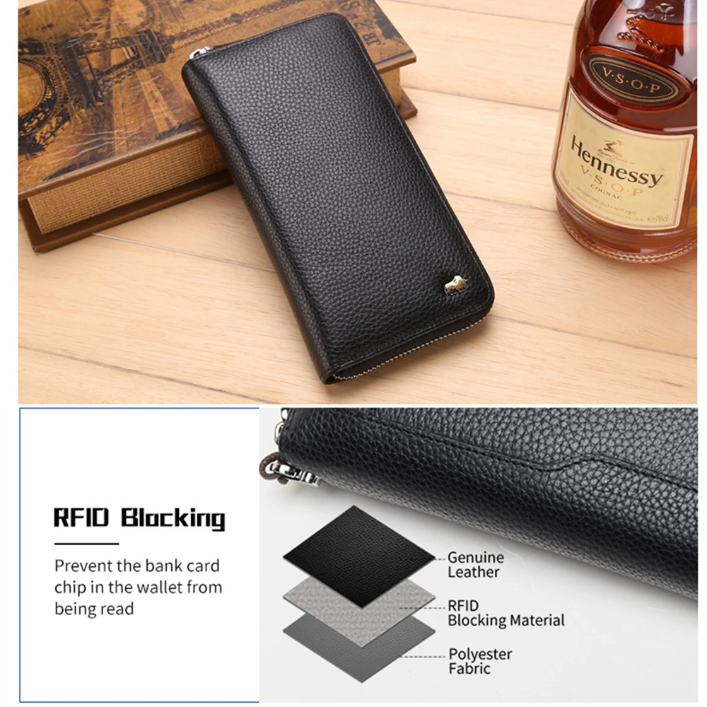 BISON DENIM Brand Genuine Leather Wallet RFID Blocking Clutch Bag Wallet Card Holder Coin Purse Zip - 32835553042