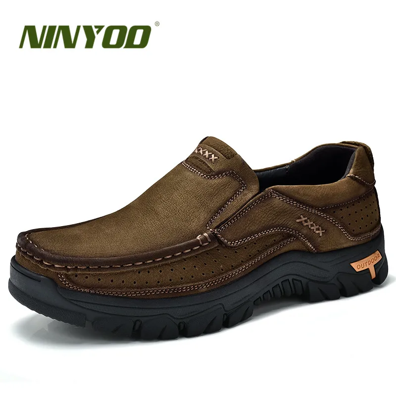 

NINYOO Autumn Outdoor Shoes Men Loafers Genuine Leather Platform Slip On Travel Wearproof Breathable Footwear Man Farther's Gift