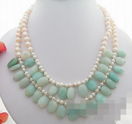 

Jew3111 2Strds White Pearl&Amazonite Necklace