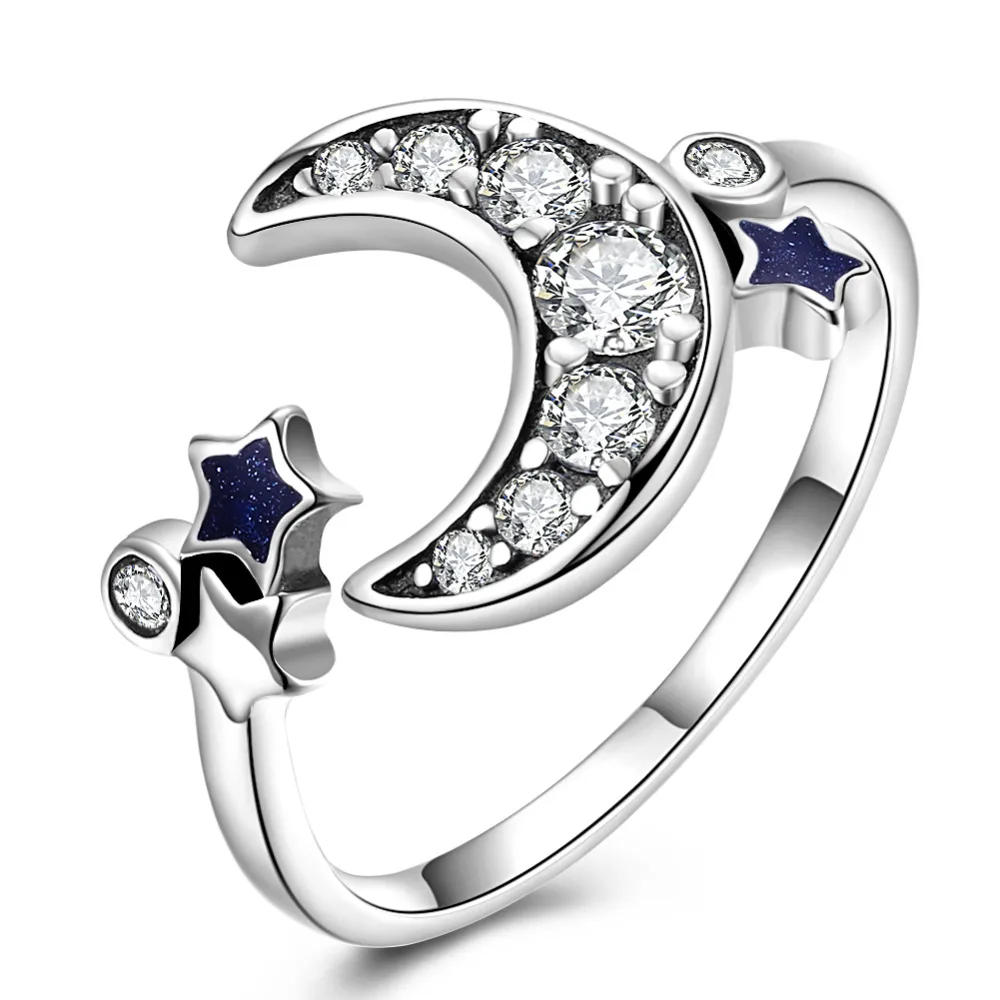

Have certificate silver!100% S925 Solid Sterling Silver Ring vintage Zircon Wedding Rings for Women star moon bague femme R167