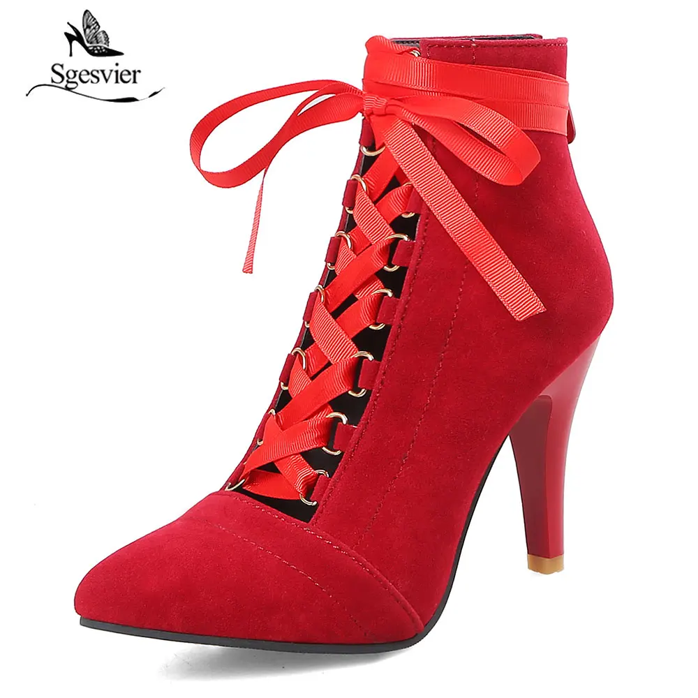 

Sgesvier Gladiator High Heels Women Pumps Stiletto Pointed Toe Strappy Lace Up Pumps Shoes Woman Black Red Plus Size 33-48 B227