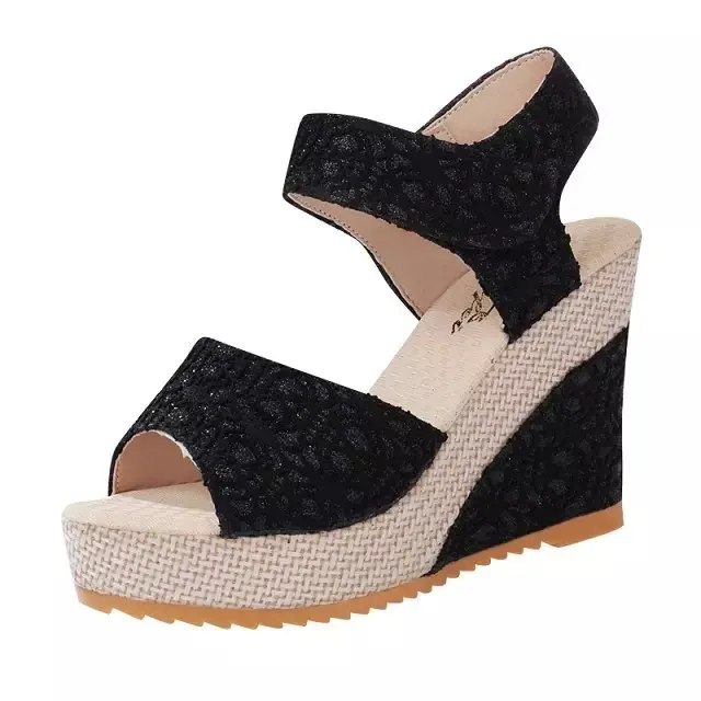 Women Sandals New Summer Fashion Lace Hollow Gladiator Wedges Shoes Woman Slides Peep Toe Hook & Loop Solid Lady Casual A00186