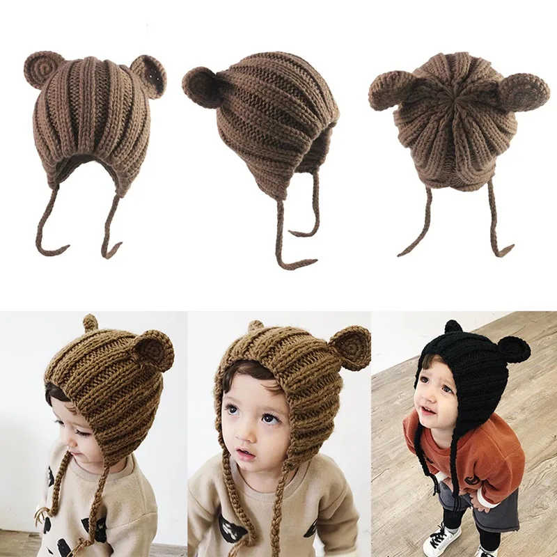 

Newbron Baby Winter Hat Kids Autumn Winter Super Cute Bear Knitted Baby Hat Ear Cap Girl Boys Photography Props