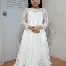 Новинка; белое/цвета слоновой кости, платье для первого причастия с цветочным рисунком платья для девочек кружевной с открытой горловиной с длинными рукавами Свадебные платья для свадьбы, для торжественных событий