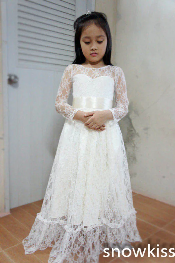 New white/ivory first communion flower girl dresses sheer lace neck long sleeves A-line gowns for wedding formal occasion white v neck lace up long sleeves irregular hem sweater