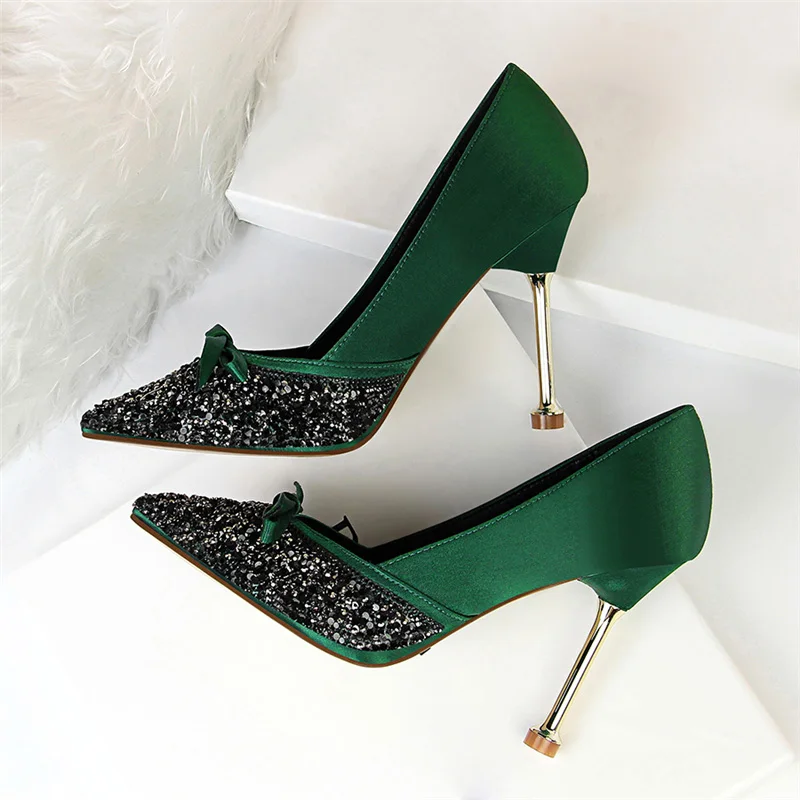 2019 Women Satin 10cm High Heels Lady Stiletto Fetish Sequins Wedding Scarpins Pumps Female Green Dress Burgundy Tacones Shoes