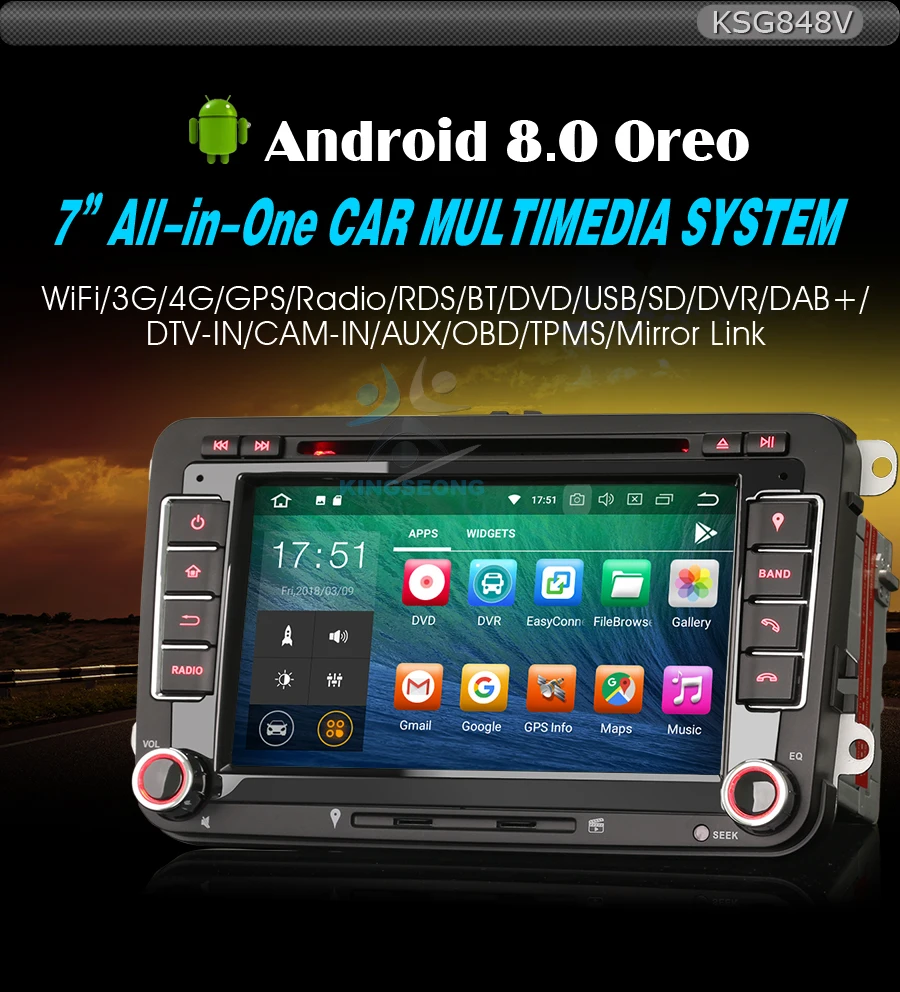 Excellent 7" Android 8.0 DAB+ Car Stereo GPS Sat Nav WiFi 3G Radio RDS BT USB SD DVR DTV-IN Car DVD player for VW Passat 0