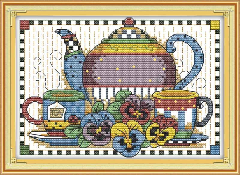 

This tea set counted printed on fabric DMC 14CT 11CT Cross Stitch kitsembroidery needlework Sets Home Decor
