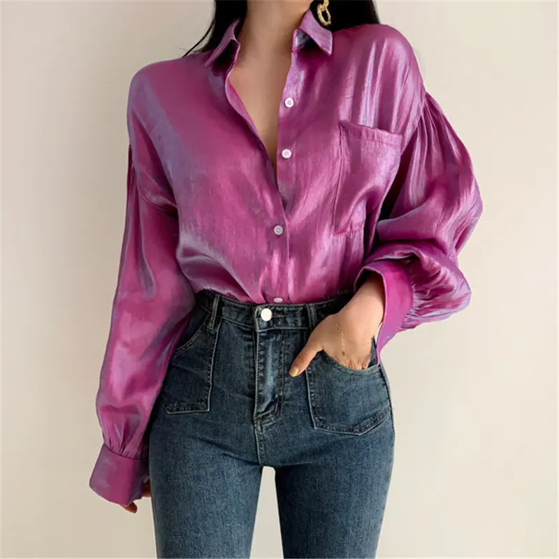 Kopen HziriP 2019 Zomer Reflecterende Losse Vintage Mode Effen Dunne Tops Retro Gratis Elegante Vrouwen Alle Match Casual Shirts 2 Kleuren