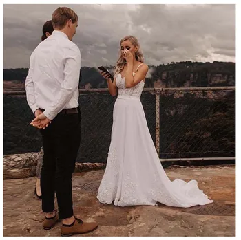 

LORIE Boho Wedding Dress Spaghetti Straps White Beach Wedding Dress Appliques Lace Princess Bride Dress Long Train