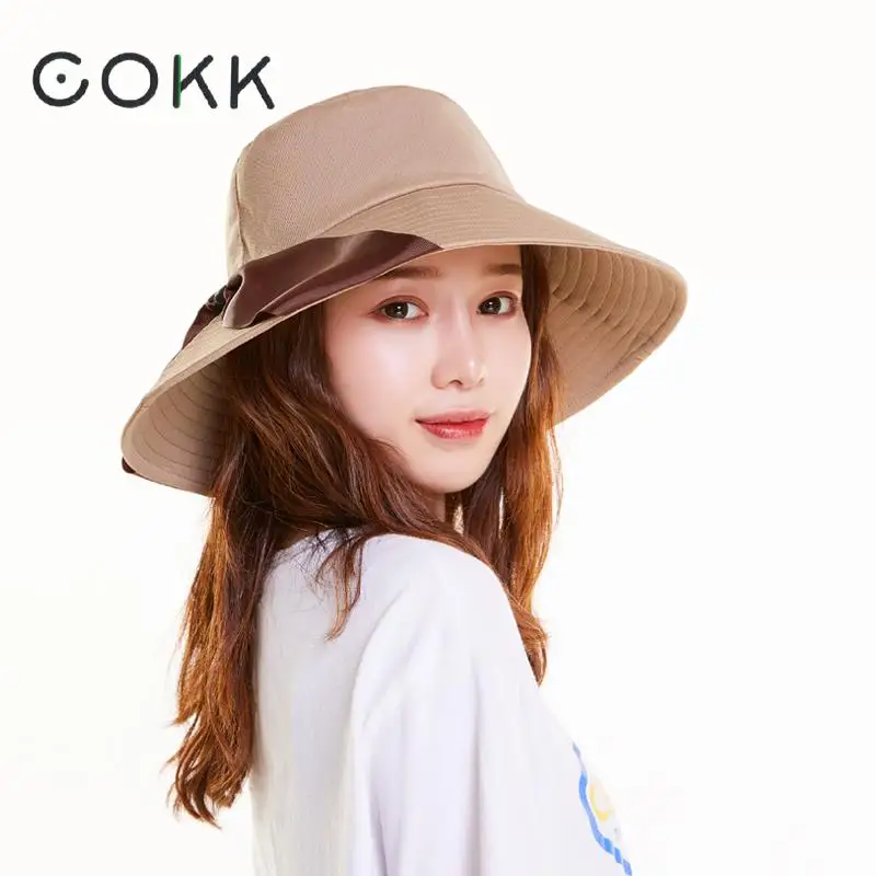 COKK, летние шляпы для женщин, женская шляпа с широкими полями, Панама с лентой, шляпа от солнца, Женская однотонная повседневная черная Панама с плоским верхом