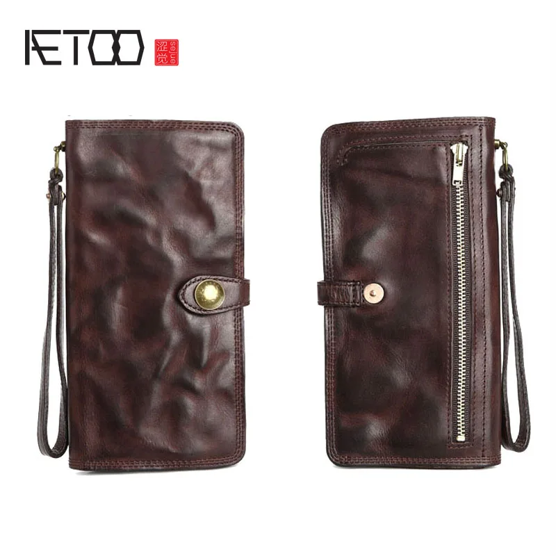 

AETOO Leather men's long wallet leather multi-card wallet new original retro buckle personality youth wallet
