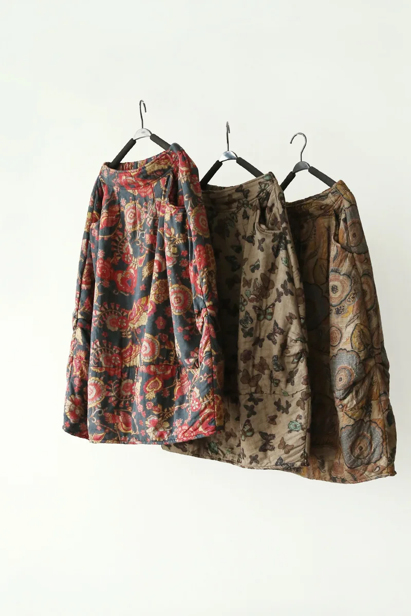 

2016 Autumn New 5 Colors Vintage Floral Quilted Women Cotton Linen Skirt, Winter Retro Elastic Waist Warm Wadded Skirts