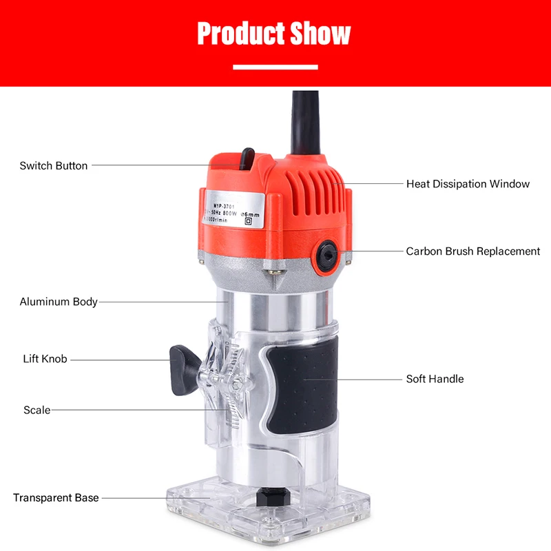 220V 800W 30000Rp Woodworking Electric Trimmer Wood Milling Engraving Slotting Trimming Machine Hand Carving Wood Router(Eu Pl