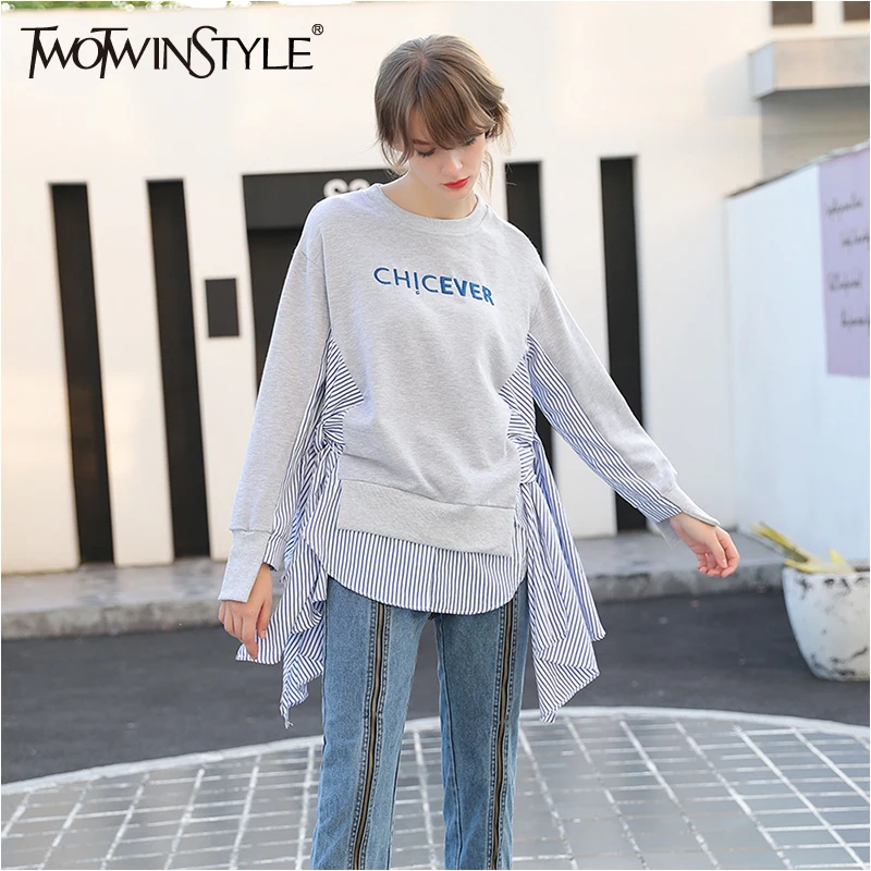 

TWOTWINSTYLE Embroidery Sweatshirt for Women Striped Patchwork Pullover Loose Tops Coat Female Clothes Korean Big Sizes Autumn