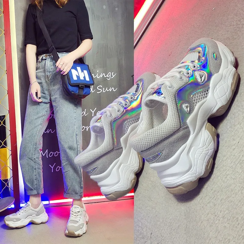 

2019 Spring/Summer New Chunky Sneakers Women Shoes Harajuku Casual Dad Shoes Platform Mesh Sneakers Silver Sneakers