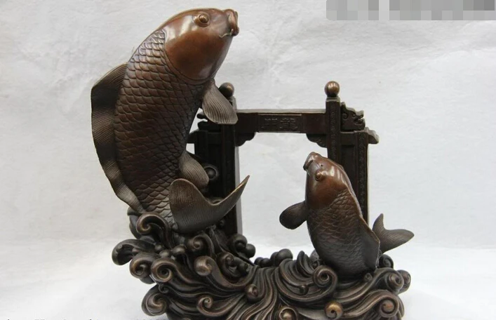

Collectible bronze S2884 China Pure Copper Bronze FengShui Wealth Lucky Carp Fish Leap Dragon Door Statue B0403