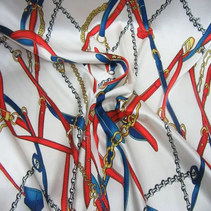 

108cm Width 19mm Chains Print White Mulberry Silk Stretch Satin Fabric for Woman Summer Dress Blouse Sewing-BF031