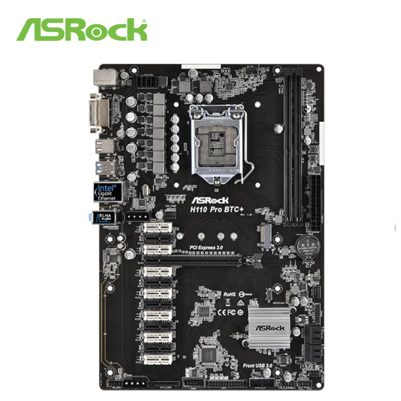 ASRock H110 PRO BTC+ 1151 материнская плата 2400 МГц 4 SATA3, 1 M.2(SATA3) DVI видео выход поддерживает 13 видеокарт
