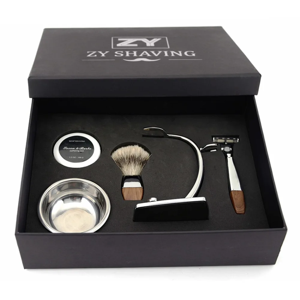 

ZY 3/5 Blade Shaving Gift Set Badger Hair Shaving Brush Safety Razor Shave Soap Razor Holder Barber Bowl Precious Gift
