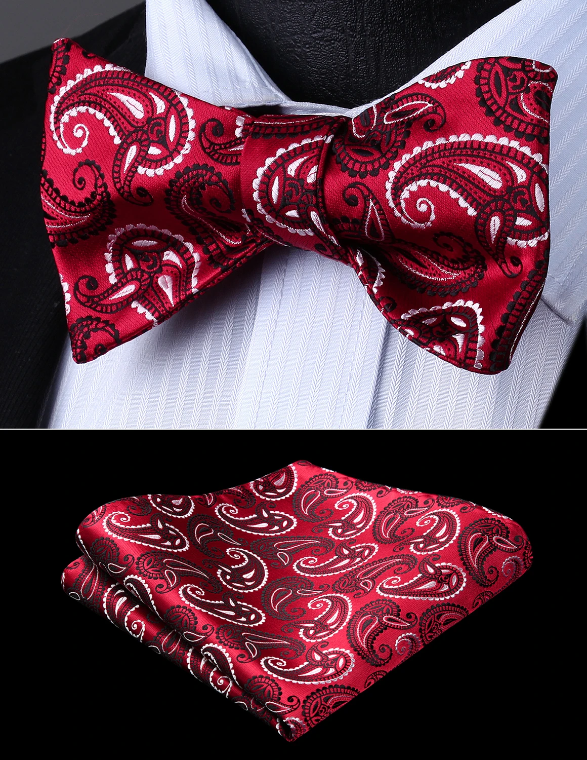 Men Woven Party Wedding Red Paisley Self Bow Tie Pocket Square Set