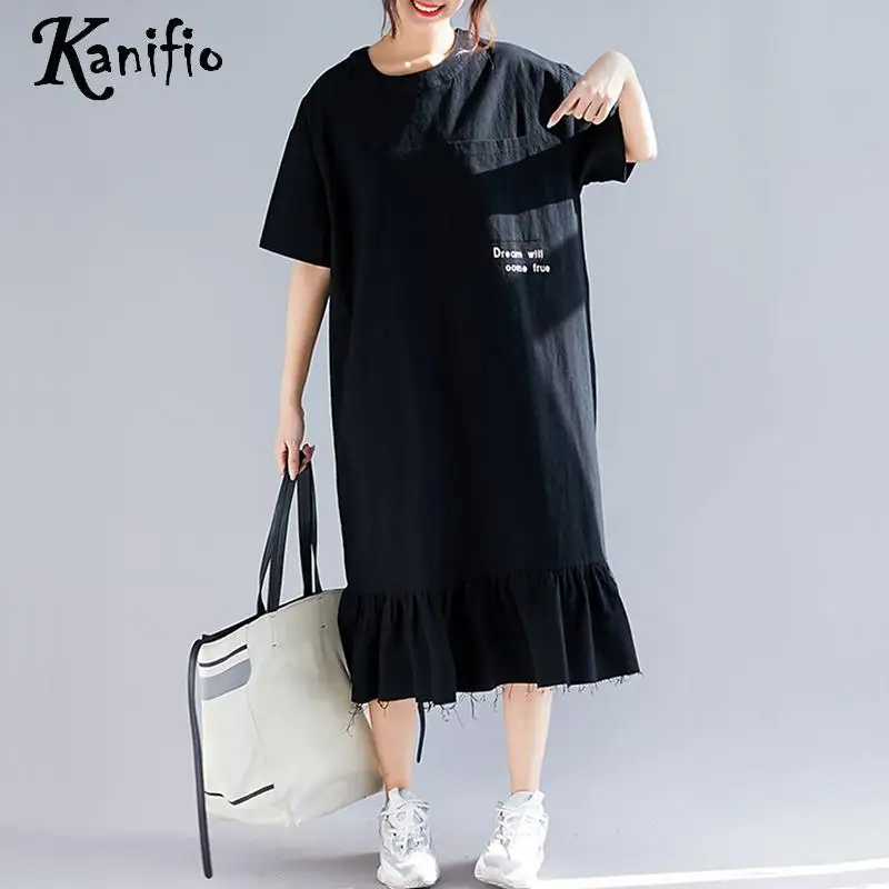 

Kanifio Plus Size Women Letter Print Midi Dress Ladies Casual Loose Black Dresses Female Large Big Size Shirt Tunic Vestidio 5XL