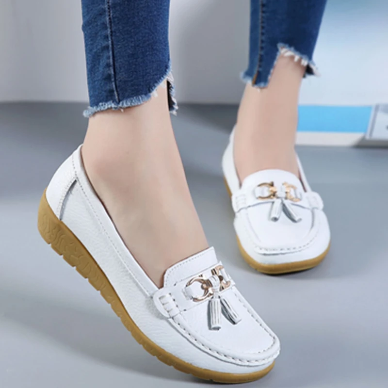 

2019 Fashion Women Genuine Leather Flat Ladies Solid Sneakers Shoes Sewing Women Boat Flats Casual Ballet Shoes Plus Size 35-44
