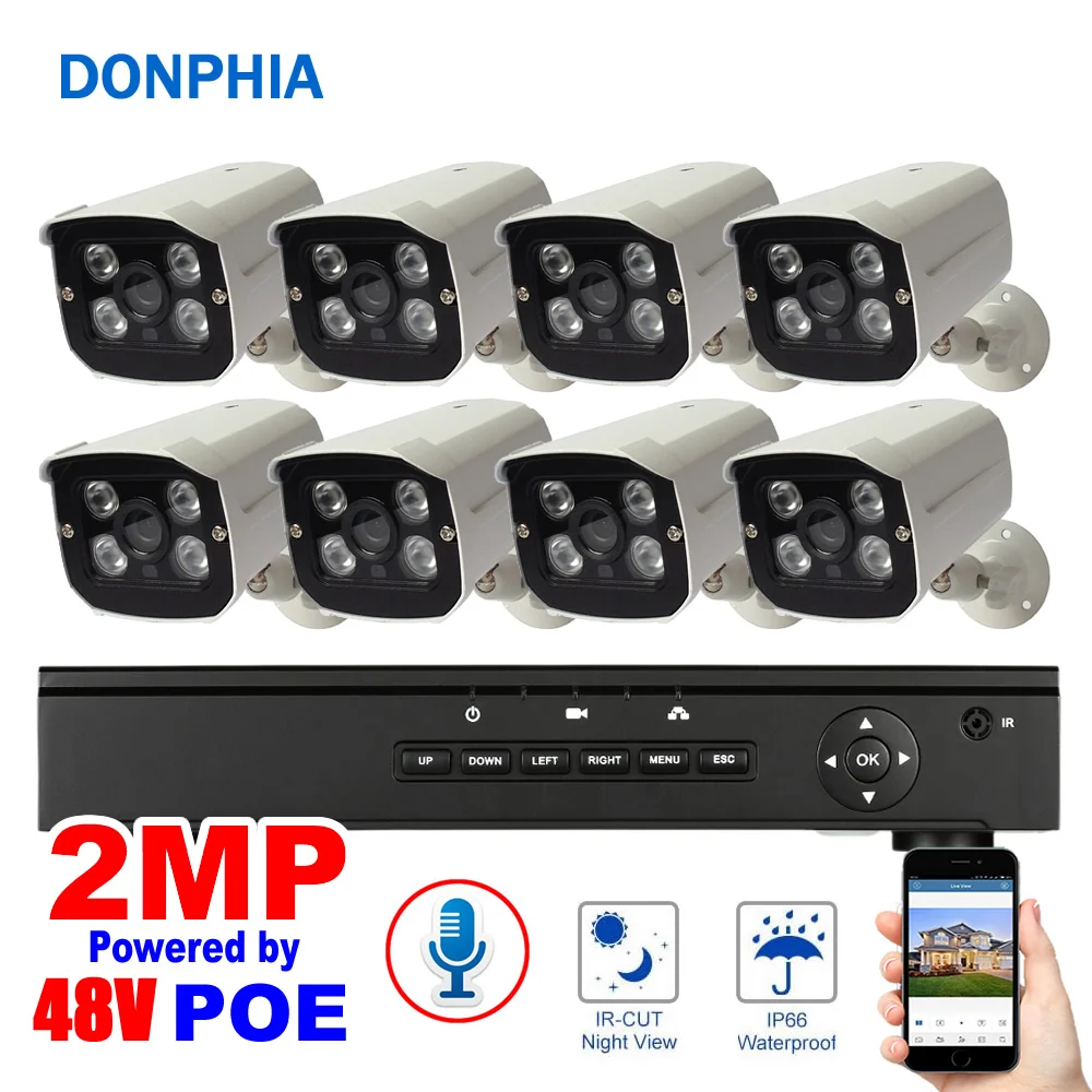 

8 Camera Audio Security System 1080P POE 48V Voice Recording Waterproof Night Vision 2MP Surveillance System Outdoor NVR Kit