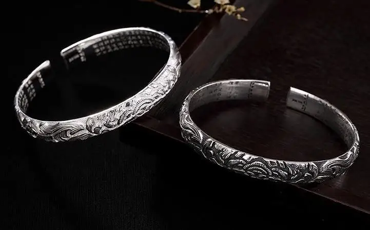 

Sterling S999 silver Bangles 999 Bangle vine Heart Sutra vintage ethnic trendy bracelet