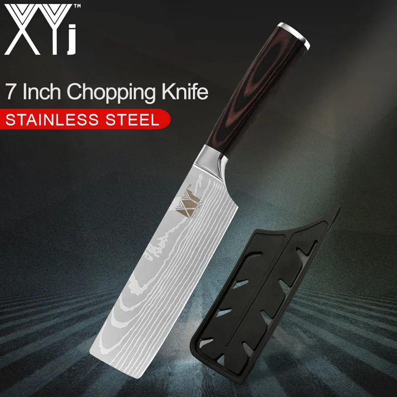 XYj 8" 7" inch Japanese Kitchen Knives Imitation Damascus Pattern Chopping Chef Knife With Knife Cover Stainless Steel Knife Set - Цвет: 7 inch Cleaver Knife