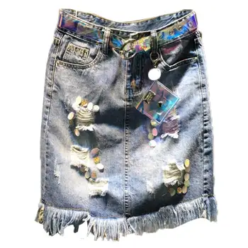 

2020 summer new fashion beaded sequins high waist package hip jeans skirt women hole tassel denim skirt