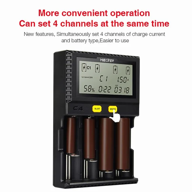 Original Miboxer C4 VC4 LCD Smart Battery Charger for Li-ion/IMR/INR/ICR/LiFePO4 18650 14500 26650 AA 3.7 1.2V 1.5V Batteries D4 Original Miboxer C4 VC4 LCD Smart Battery Charger for Li-ion/IMR/INR/ICR/LiFePO4 18650 14500 26650 AA 3.7 1.2V 1.5V Batteries D4