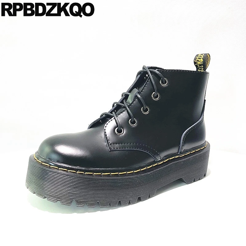 

Combat Women Ankle Boots 2018 Round Toe Harajuku Big Size Muffin Military High Heel Platform Flatform Lace Up Black Shoes 10