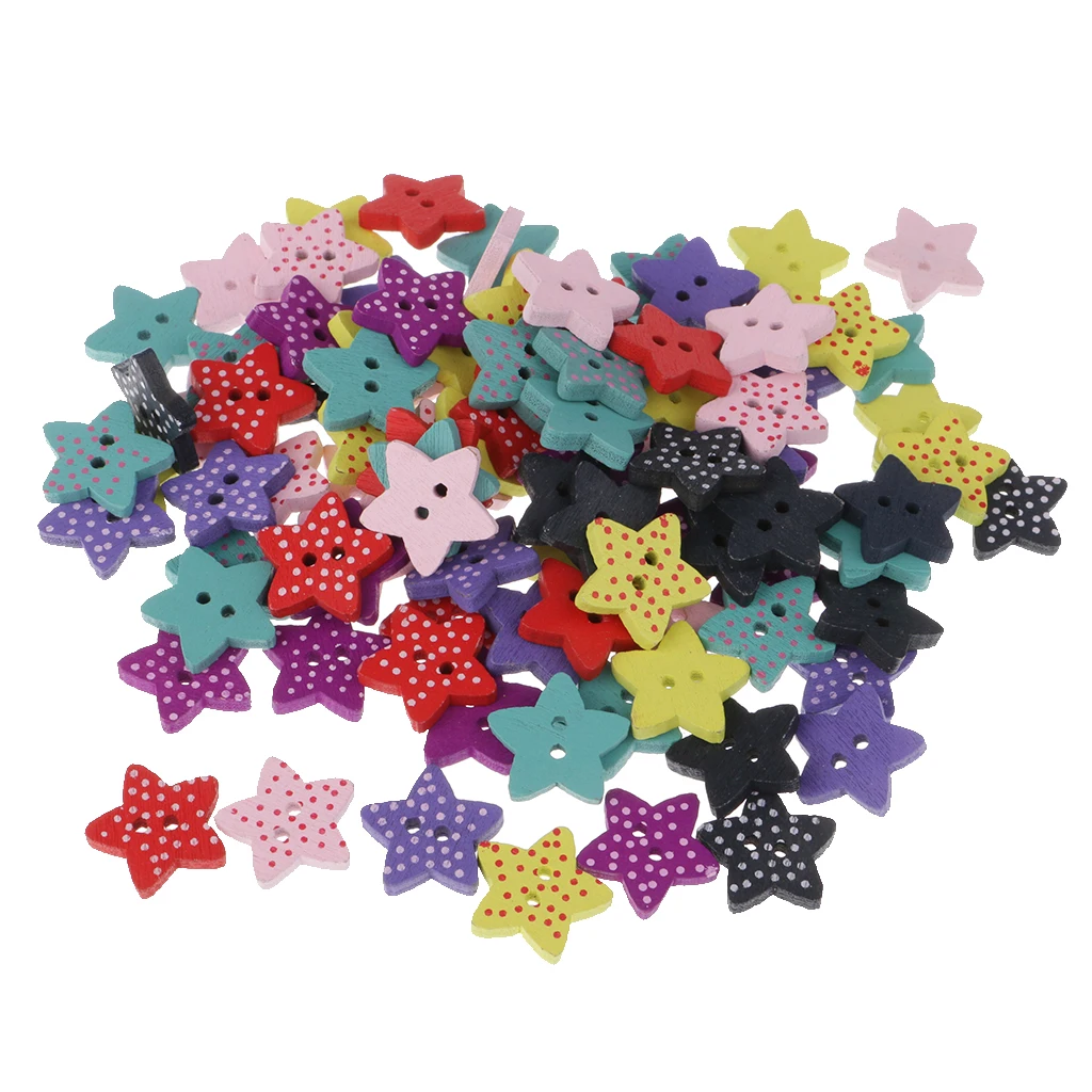 100pcs Mixed Star Shaped Wooden Buttons Polka Dot Buttons for Sewing Craft