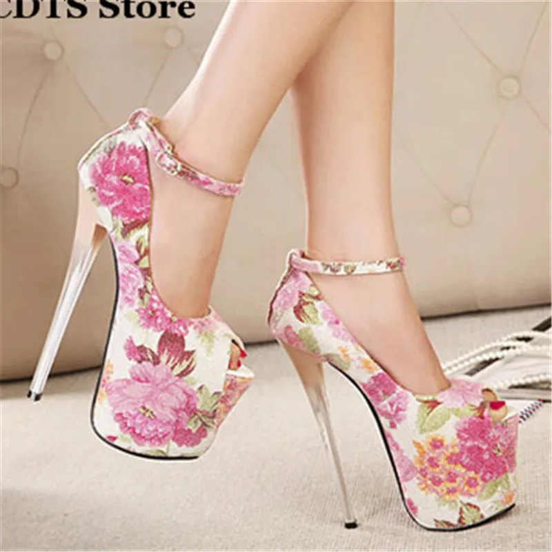 ФОТО CDTS zapatos:34-43  Fashion platforms Red bottoms Sandals 20cm Thin heels fish mouth printing shoes woman Buckle Wedding pumps