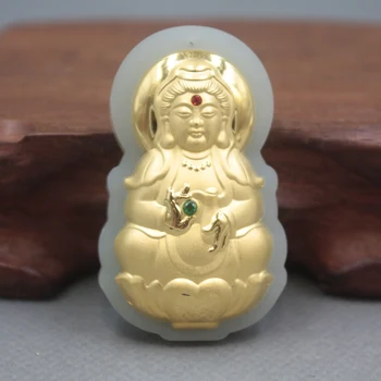 

New 24K Yellow Gold Natural Jadeite Jade Women Men Kwan-Yin Bless Pendant 48x28mm